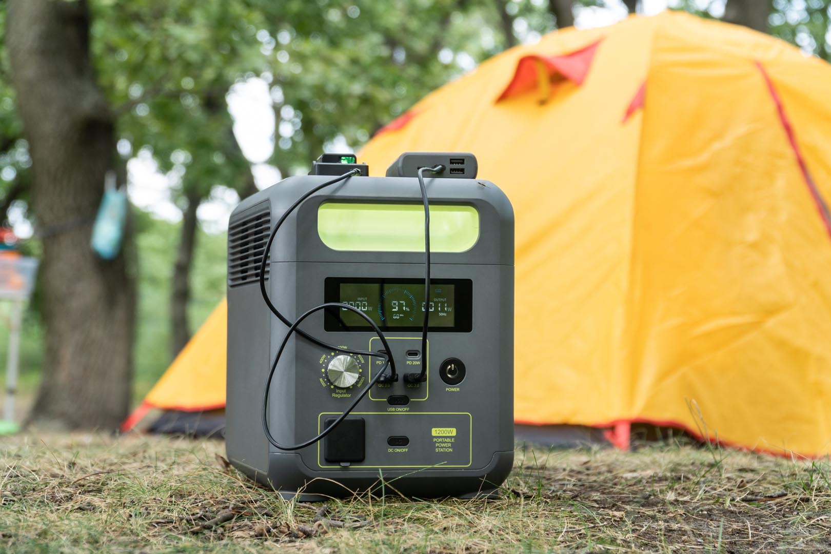 Portable power station with battery charging electronic devices used wild camp site