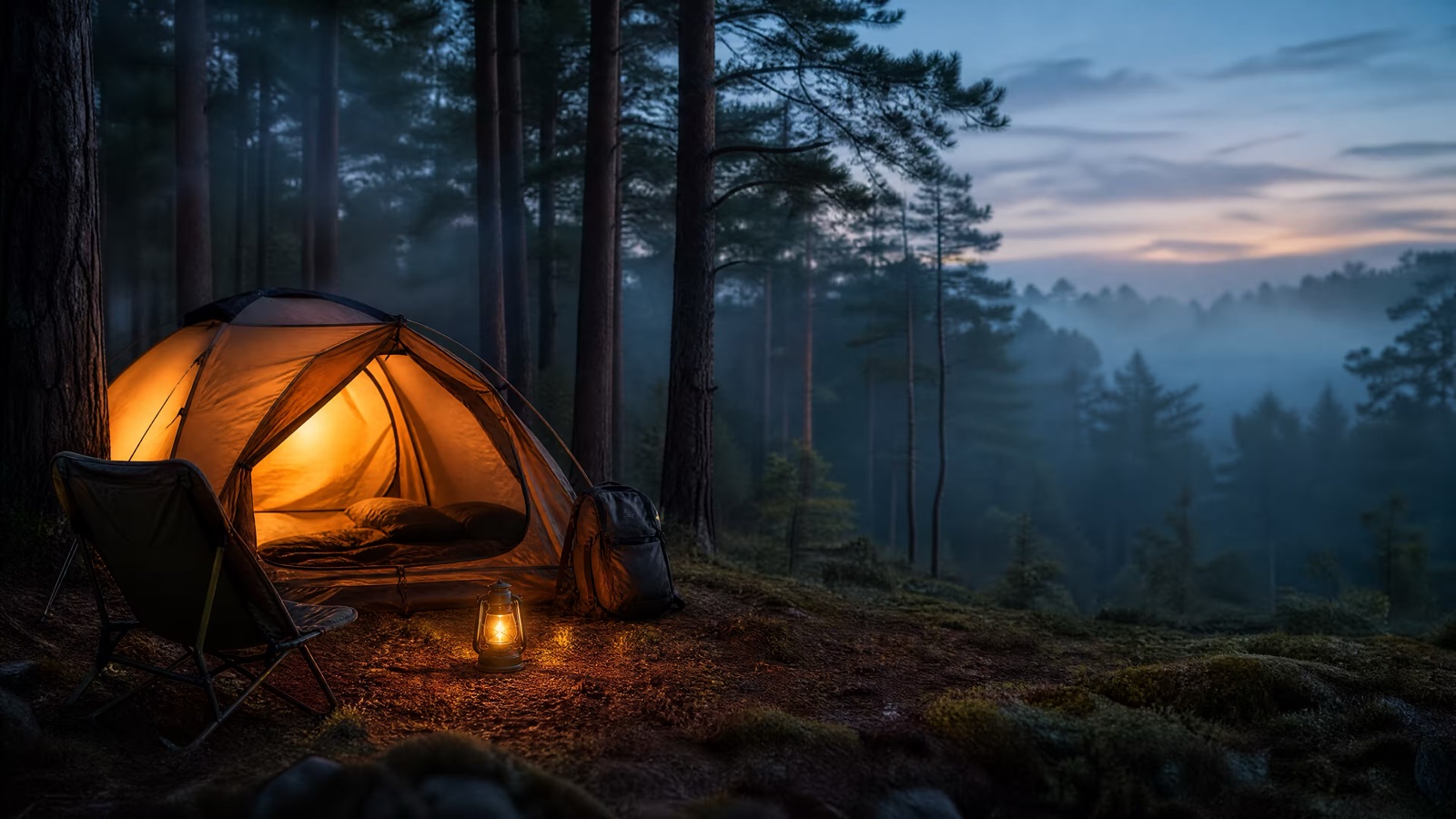 Night campsite under the stars with a glowing tent