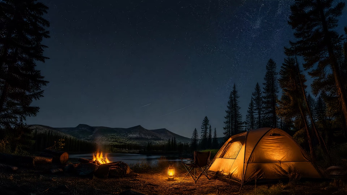 Tent glowing at dusk in a pine forest with a campfire